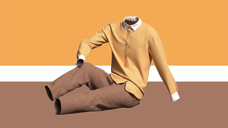 Men's shirt coordinate: bright orange shirt and reddish beige pants.