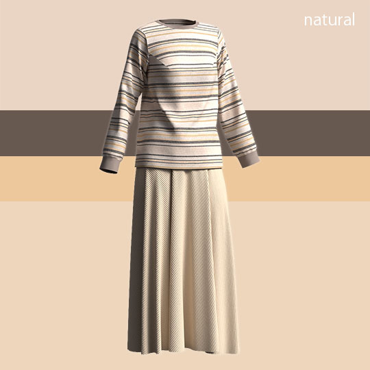 Color coordination of long T-shirts and skirts with the image of Saturn's stripe imitation